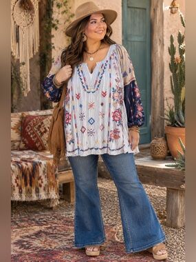 Savanna Jane 3X Boho Embroidered Tunic Top – Multicolor Floral